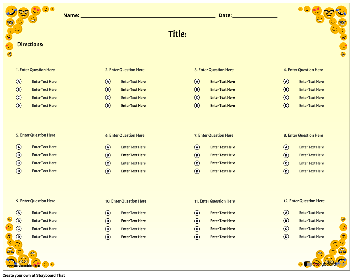 Example Menu. Landscape Test Fun Emoji Themed Landscape Test and Quiz Template
