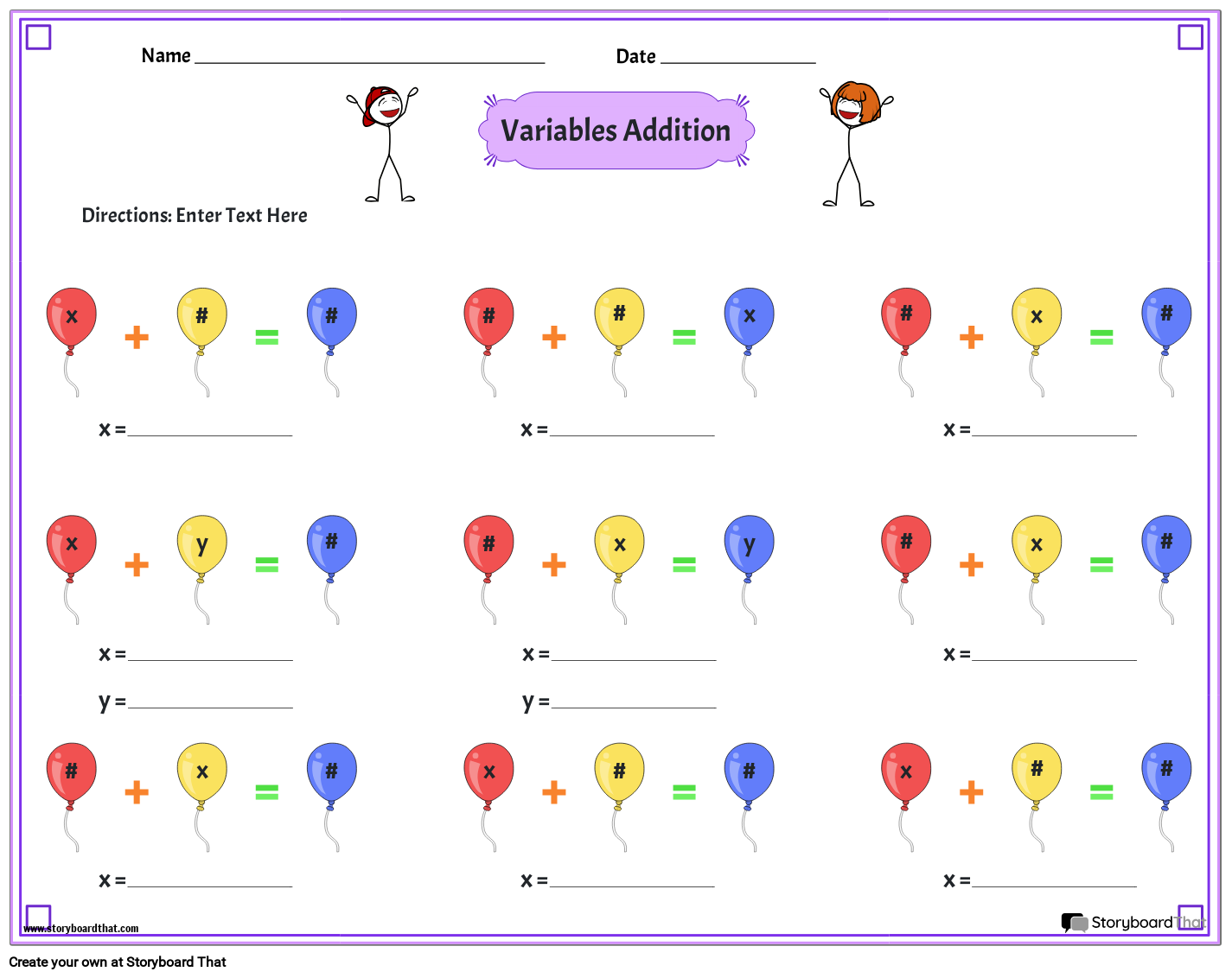 Variables Worksheet Template with Colorful Balloons